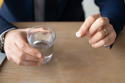 man holding white pill and glass of water
